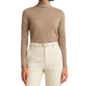 Wool Tan Mock Turtleneck Tan Nuetral Long Sleeve Women Sweater Medium